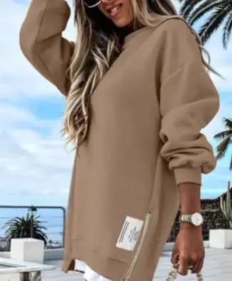Winter Sweatshirt Dress for Women in stylish beige with relaxed fit and side zip detail.