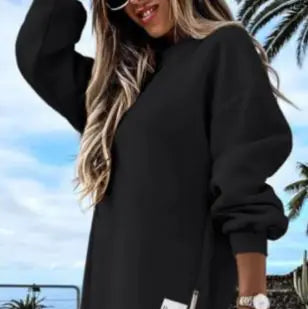 Winter Sweatshirt Dress for Women styled with sunglasses, captured outdoors with palm trees.