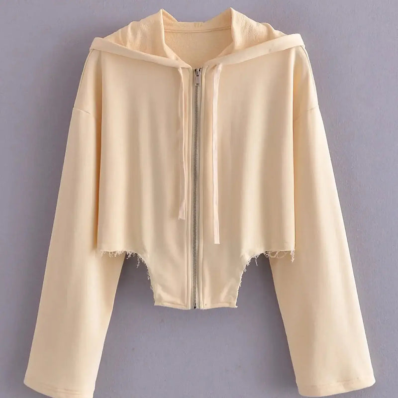 Asymmetrical Hem Sweatshirt featuring a cropped design and wide sleeves in a soft beige color.