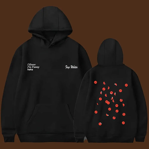 Women Sweatshirt Long Sleeve Logo Hooded with playful text and floral design on a black background.