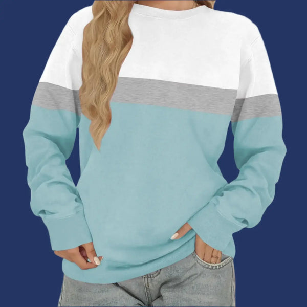 Women Sweatshirt Casual Crewneck in teal, grey, and white with a relaxed fit, perfect for winter comfort.