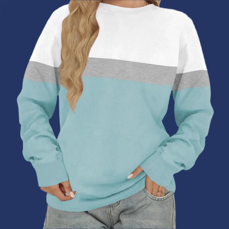Women Sweatshirt Casual Crewneck in teal, grey, and white with a relaxed fit, perfect for winter comfort.