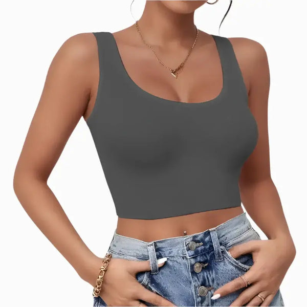Crop Tops for Women U Neck in dark gray worn with denim shorts, showcasing a stylish and comfortable design.