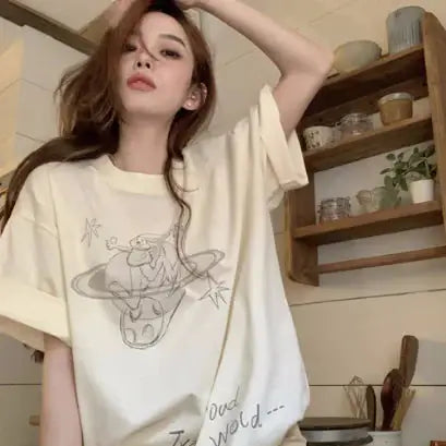 Short Sleeve T-Shirt for women in beige with unique printed design, perfect for summer style and comfort.