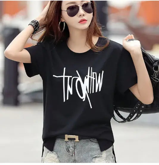 Short Sleeve T-Shirt for women, stylish black tee with graphic design, perfect for casual summer outfits.