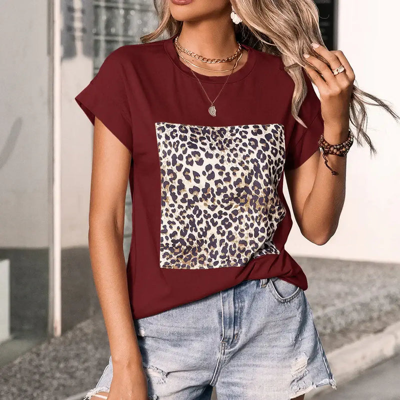 Short Sleeve T-shirt for women in burgundy with leopard print, perfect for casual Y2K style and everyday wear.