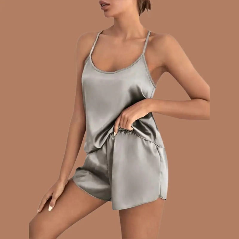 shorts pajama set for women silk in a stylish design with a tank top and shorts.