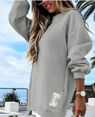 Winter Sweatshirt Dress for Women in soft gray fabric, featuring a relaxed fit and stylish design for winter outings.