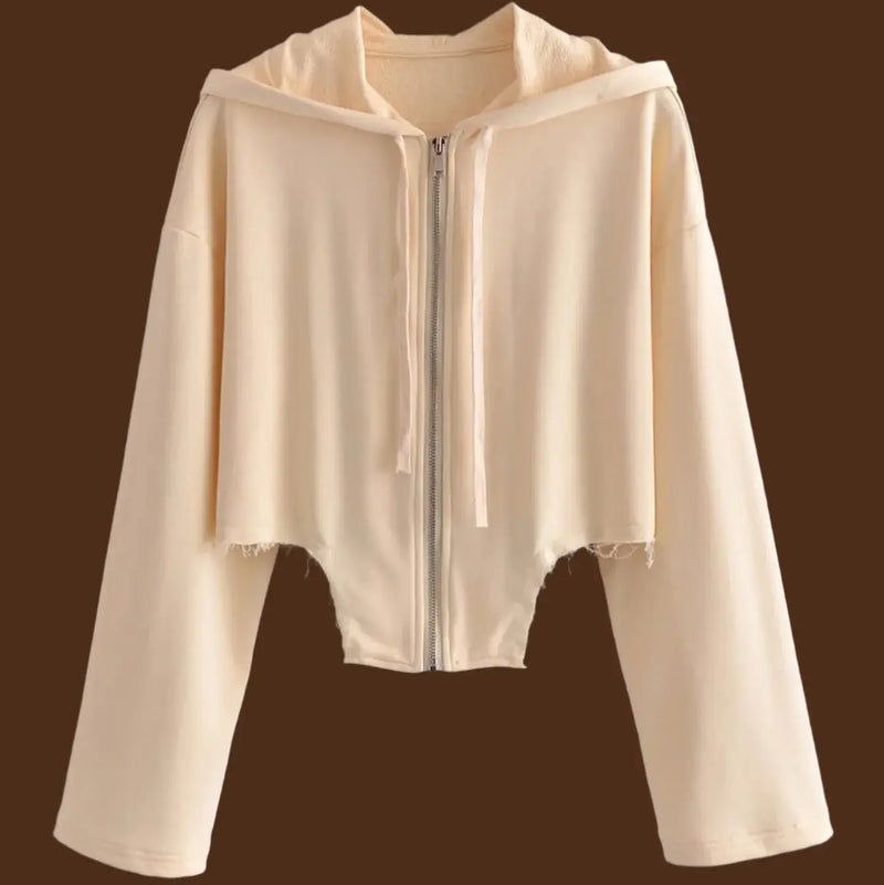 Asymmetrical Hem Sweatshirt in soft beige with a cropped hood and long sleeves, perfect for a trendy casual look.