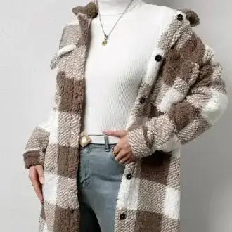 Women Long Plaid Fleece Sweatshirt worn with a white turtleneck, showcasing cozy style and classic plaid pattern.
