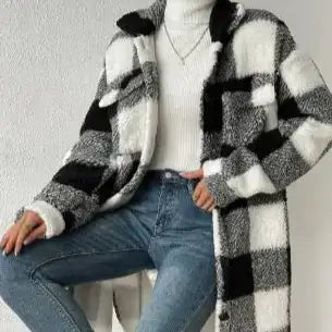 Women Long Plaid Fleece Sweatshirt in cozy plaid pattern with relaxed fit, perfect for layering and casual wear.
