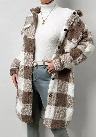 Women Long Plaid Fleece Sweatshirt styled with a white turtleneck and grey jeans, featuring a cozy plaid design.
