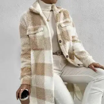 Women Long Plaid Fleece Sweatshirt in a cozy beige and white plaid pattern, perfect for layering in cooler weather.