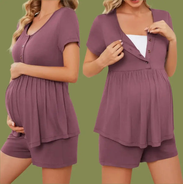Womens Maternity Nuring Pajamas in soft purple, designed for comfort during pregnancy and nursing.