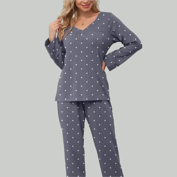 Womens Pajama Sets with Pockets featuring a polka dot design and comfortable fit.