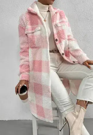Women Long Plaid Fleece Sweatshirt in pink and white plaid pattern, worn over a turtleneck and styled casually.