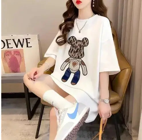 Women's Short Sleeve Rabbit T-Shirt featuring a playful patchwork bunny design in a relaxed fit.