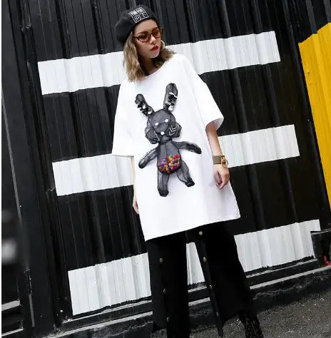 Women's Short Sleeve Rabbit T-Shirt featuring a playful patchwork bunny design, perfect for casual outfits.