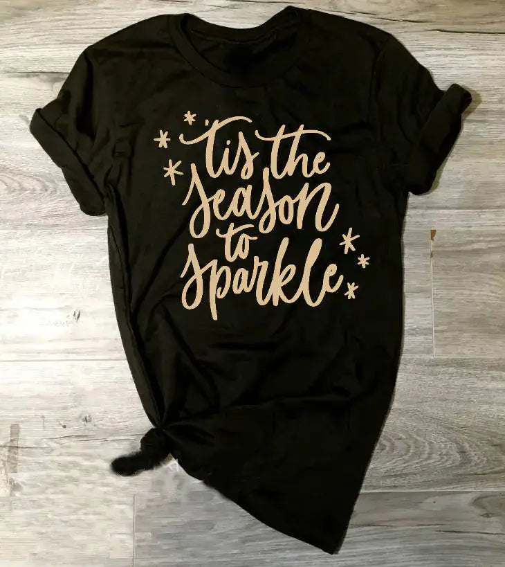 Short Sleeve T-Shirt For Women's in black with 'tis the season to sparkle' design.