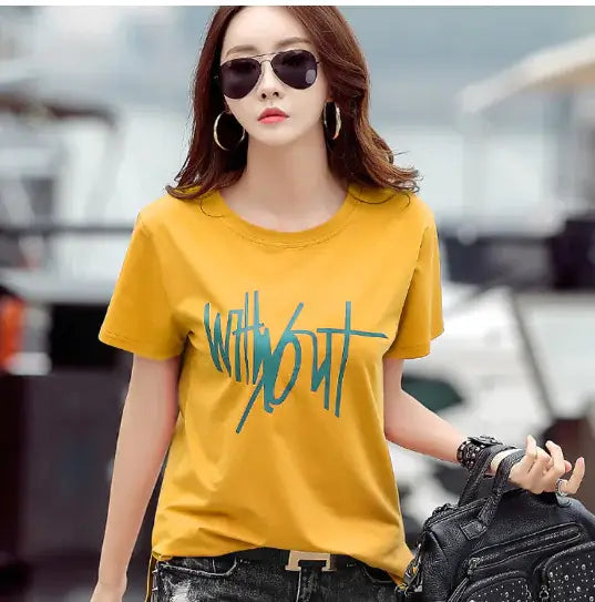 Short Sleeve T-Shirt for women in yellow with stylish text design, perfect for casual summer wear.