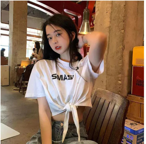 Vintage Summer Cropped Drawstring T-Shirt