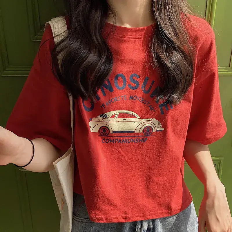 Short Sleeve T-Shirt for Women with retro car graphic in red, perfect for summer style and comfort.
