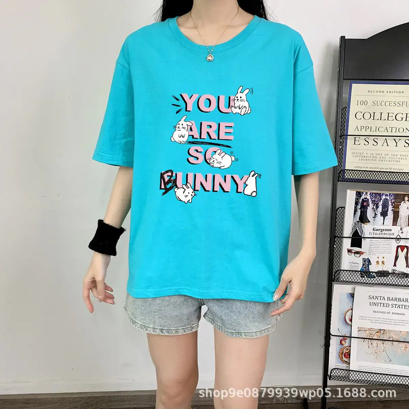 Short Sleeve T-shirt For Women's in blue with playful rabbit graphic and text 'YOU ARE SO BUNNY'.