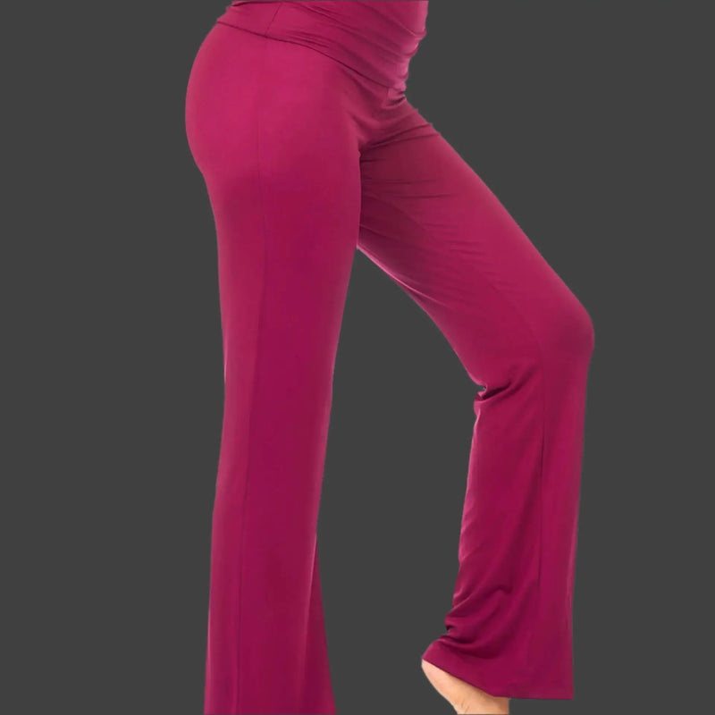 Yoga Lounge Stretch Pants Women in burgundy color displaying a high waist and wide bootleg design.