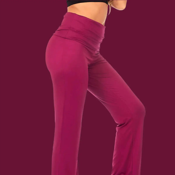 Yoga Lounge Stretch Pants Women in burgundy color featuring a high waist design and wide bootleg.